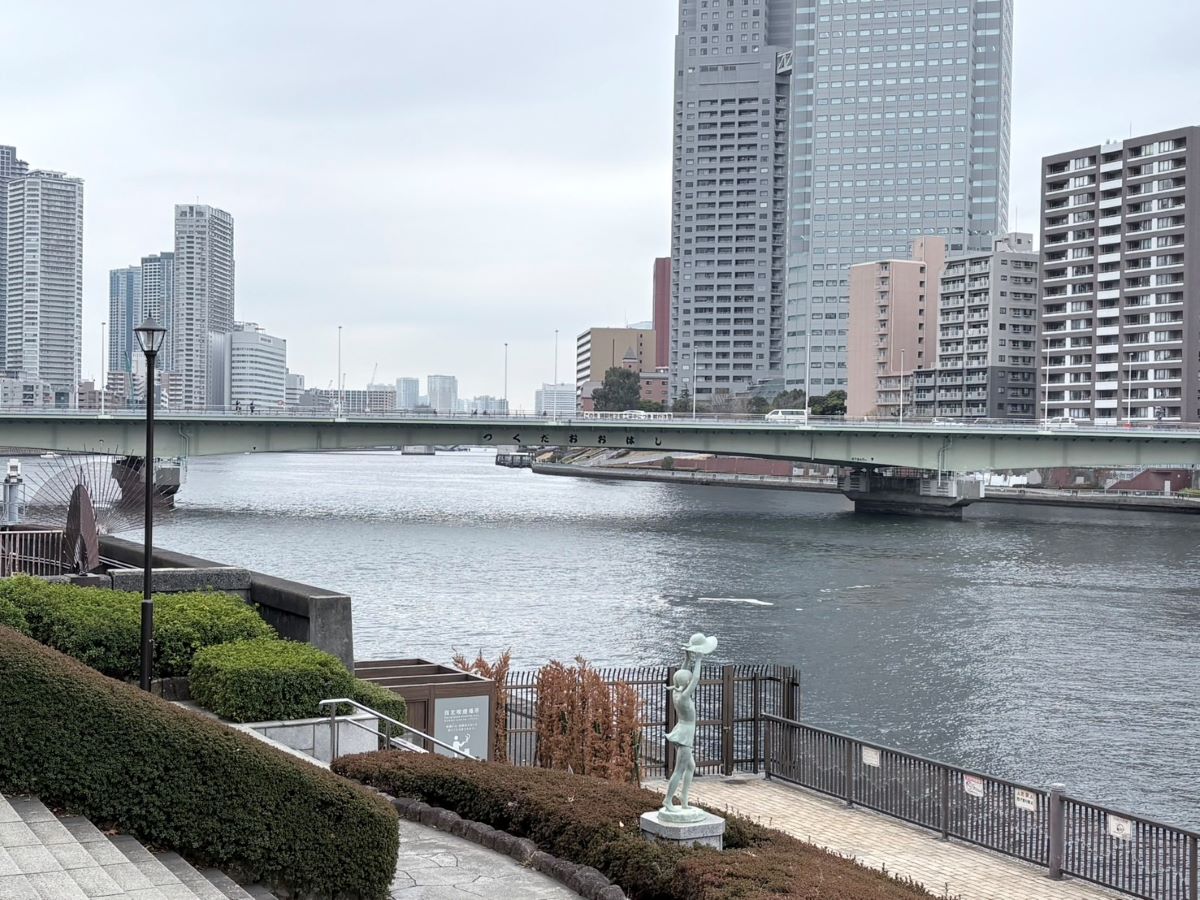 隅田川に架かる佃大橋。かつての「佃の渡し」の歴史を継承する現代の風景。