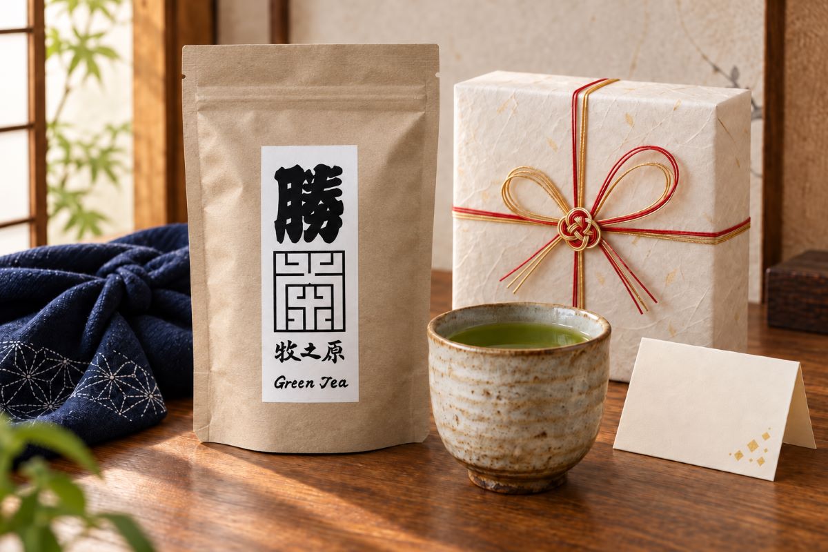 江戸文字の勝を描いた牧之原産の勝茶と水引を添えた応援ギフト