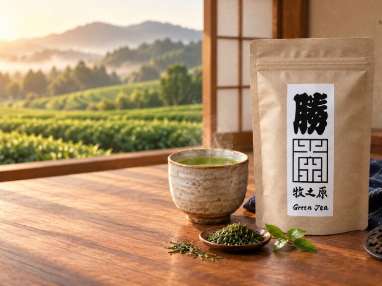 勝海舟と旧幕臣ゆかりの牧之原茶畑を背景にした江戸文字の勝茶と煎茶