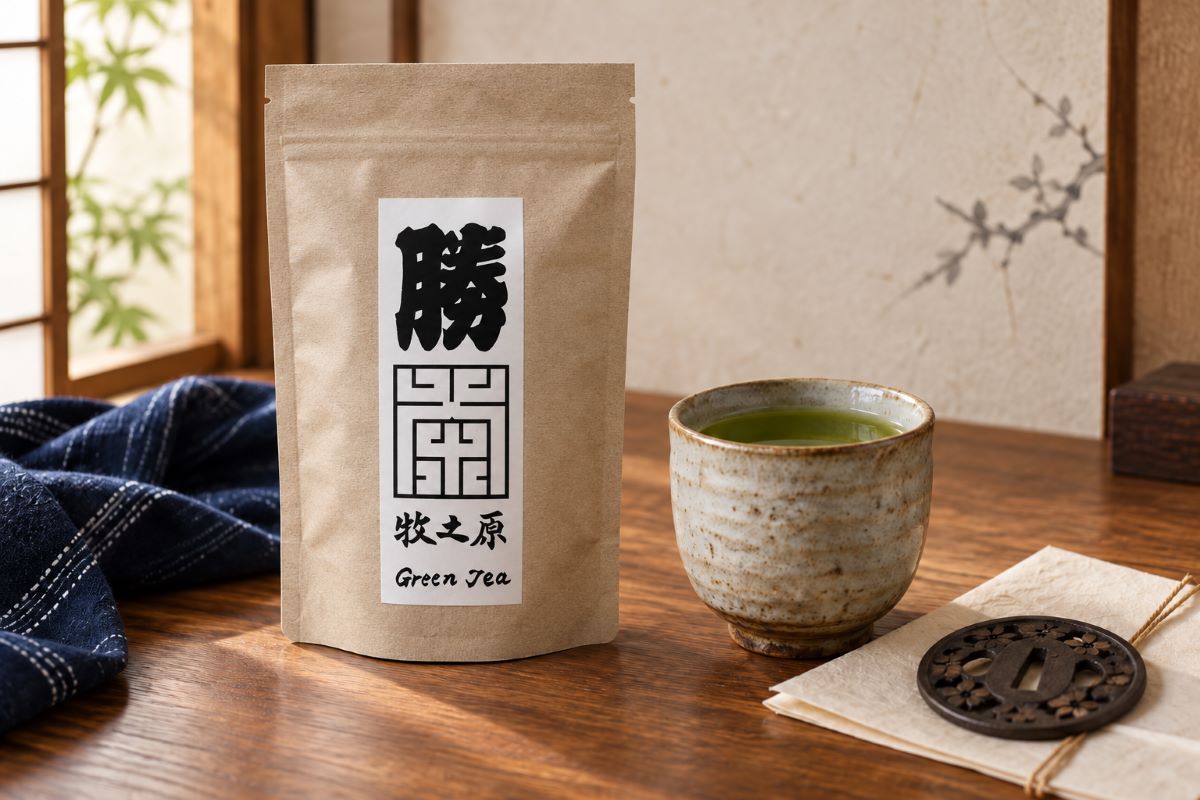 江戸文字の勝茶と湯飲み、和紙、刀の鍔を添えた日本茶ギフト