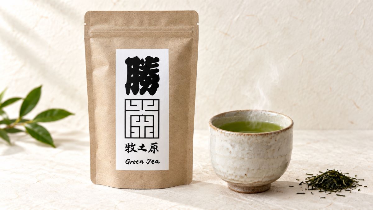 江戸文字の勝を描いた勝茶パッケージと湯気の立つ牧之原産緑茶