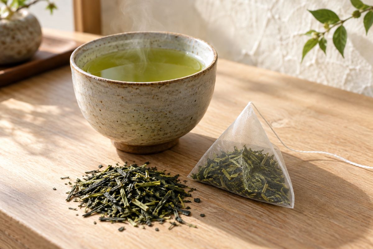 静岡県牧之原産の美しい緑色の煎茶とティーバッグ、茶葉